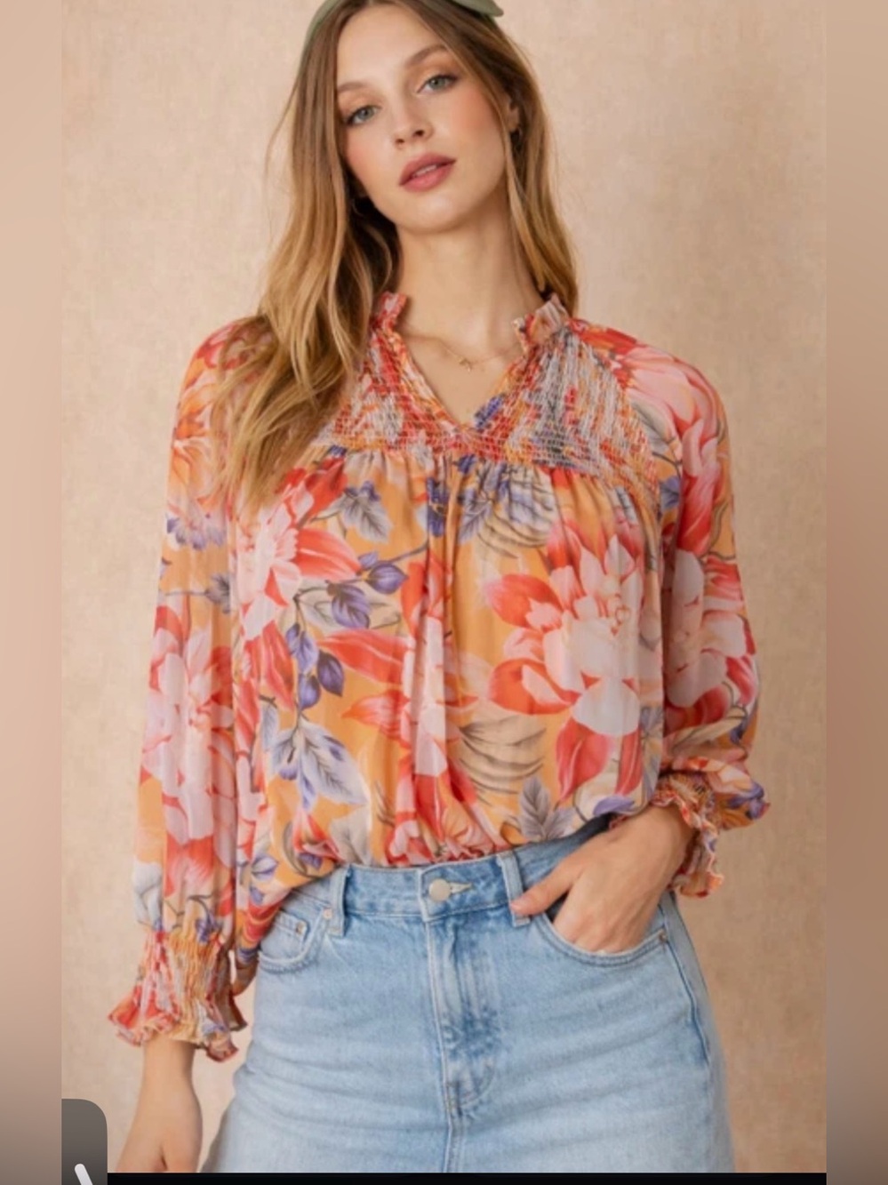 Entro Peach Multi Floral Smocked Boho Blouse size medium